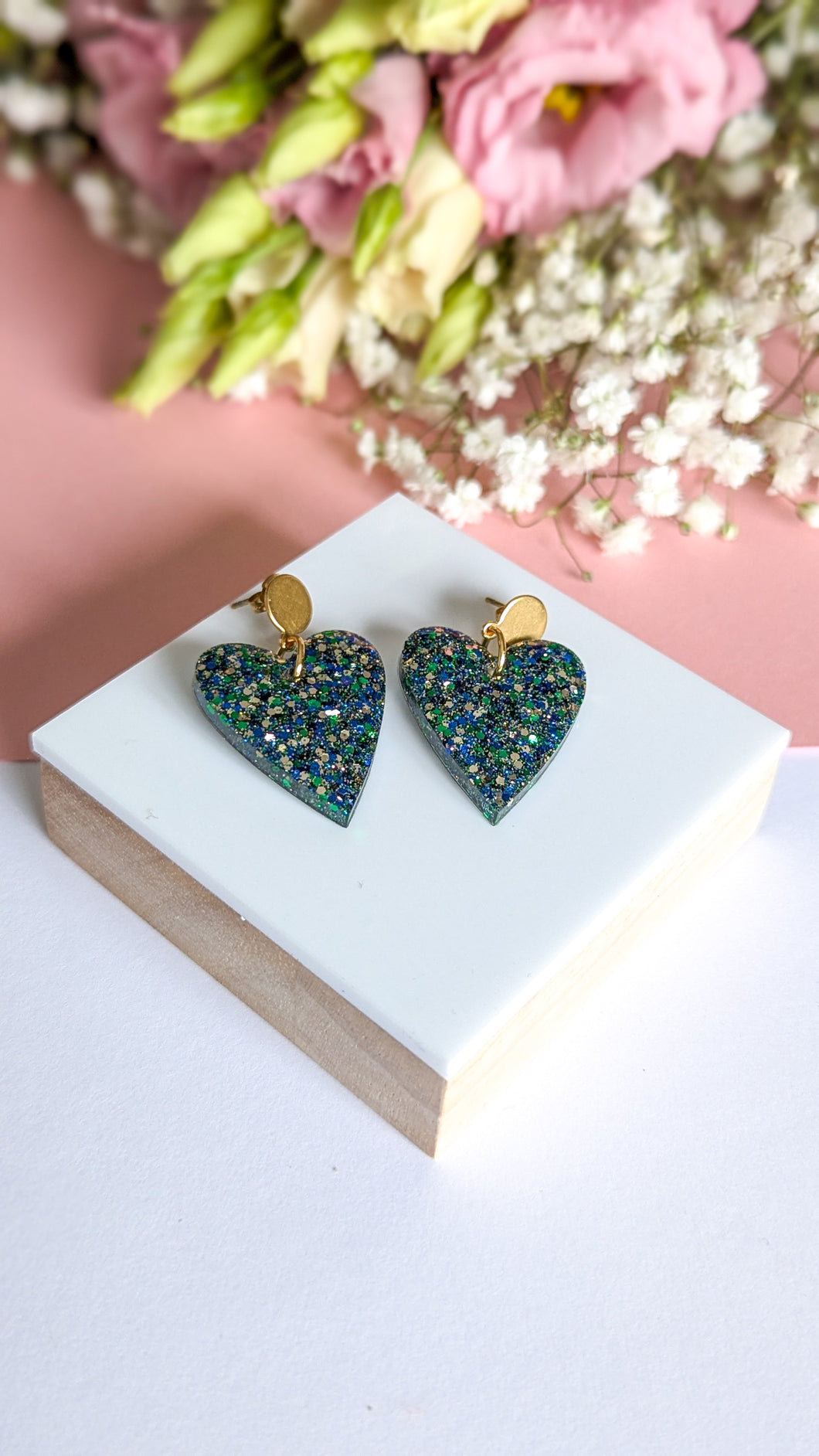 Boucles d'oreilles en résine, cœur vert bleu argent