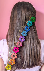 Barrette fleur pailletée - bleu polaire