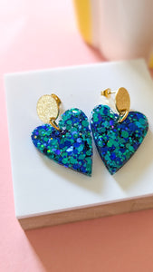 Boucles d'oreilles résine cœur multicolore bleu/turquoise