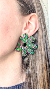 Boucles d'oreilles maxi fleur rose/vert
