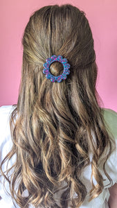 Barrette ronde fleur turquoise/ violet