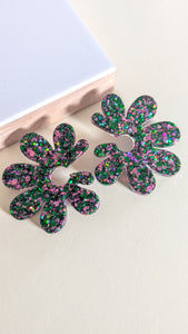Boucles d'oreilles maxi fleur rose/vert