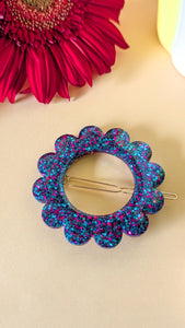 Barrette ronde fleur turquoise/ violet