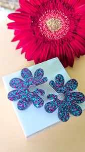 Boucles d'oreilles maxi fleur turquoise/fushia