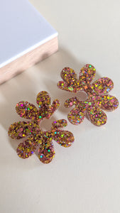 Boucle d'oreille maxi fleur rose/doré